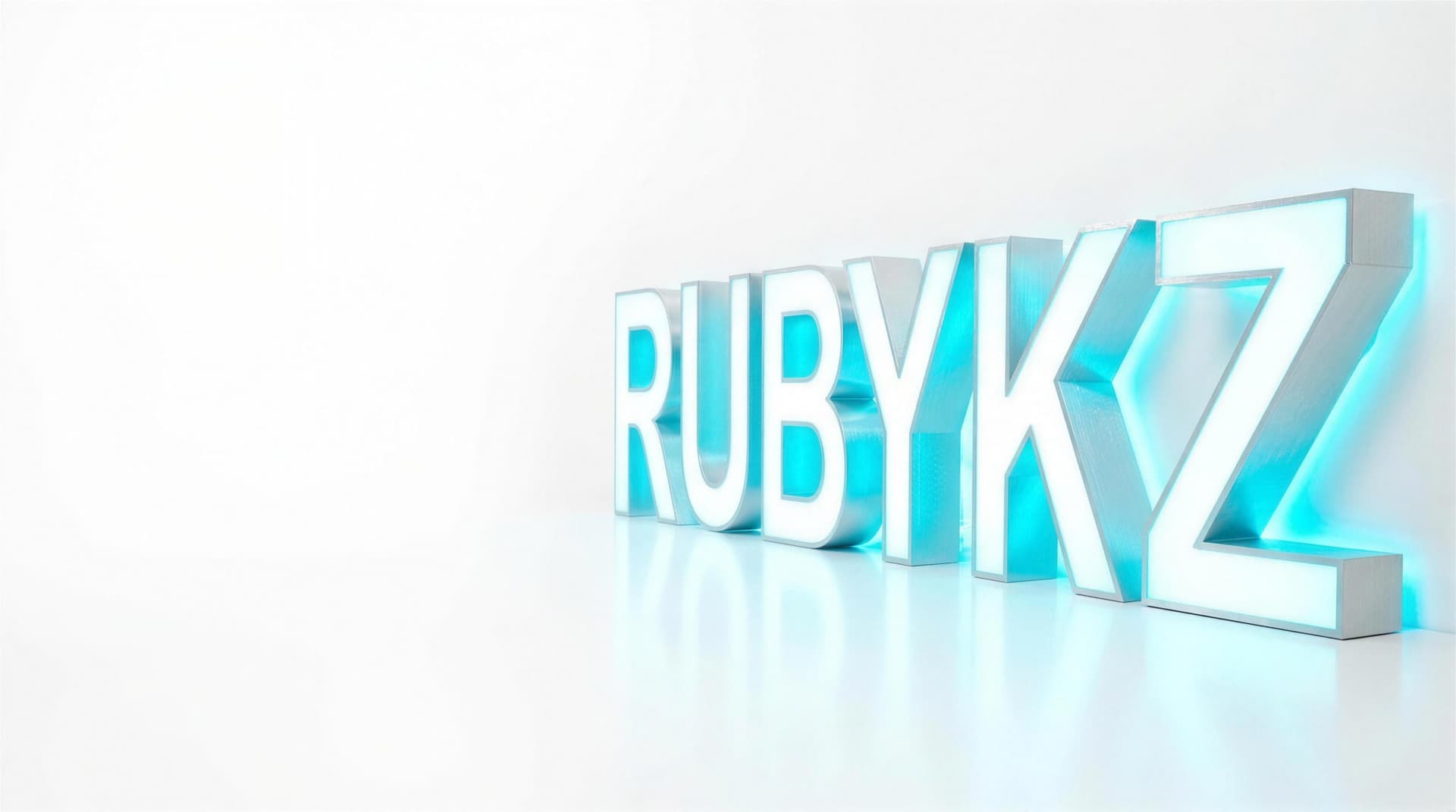 Объёмные буквы RUBYKZ с cyan-подсветкой — пример работы цеха